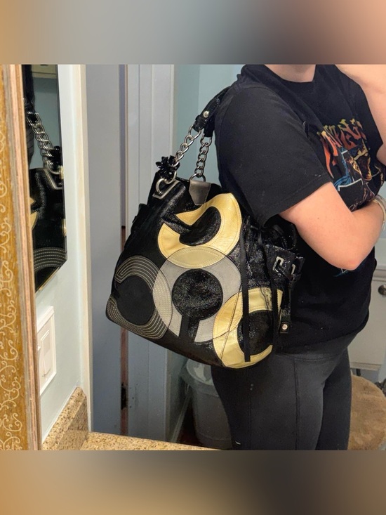 Stylish Black Patchwork Tote Bag with Metallic Accents